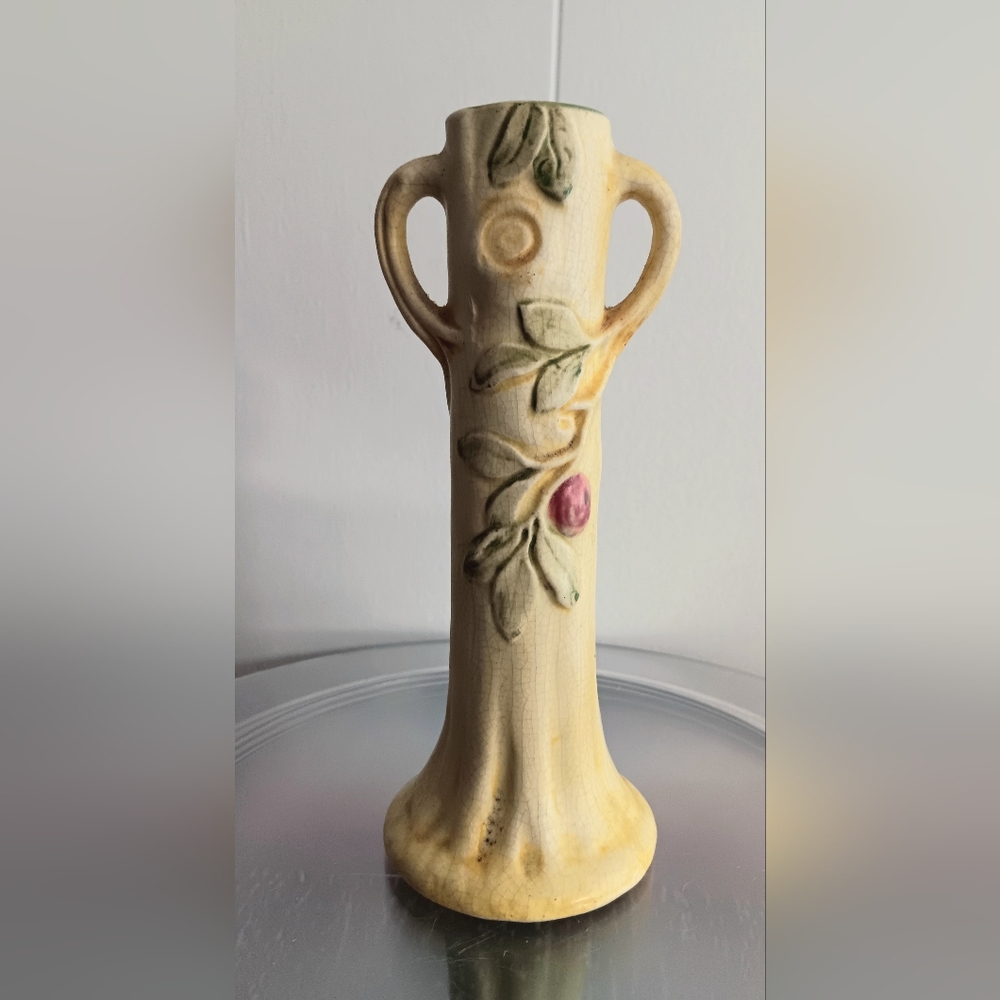 Weller Pottery Two Handled Woodcraft Apple Tree Bud Vase Soft Yellow